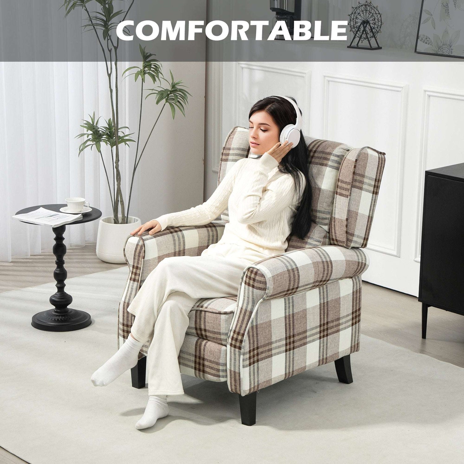 Wise Galleria Reclining Armchair in plaid design, perfect for comfortable relaxation with headphones on
