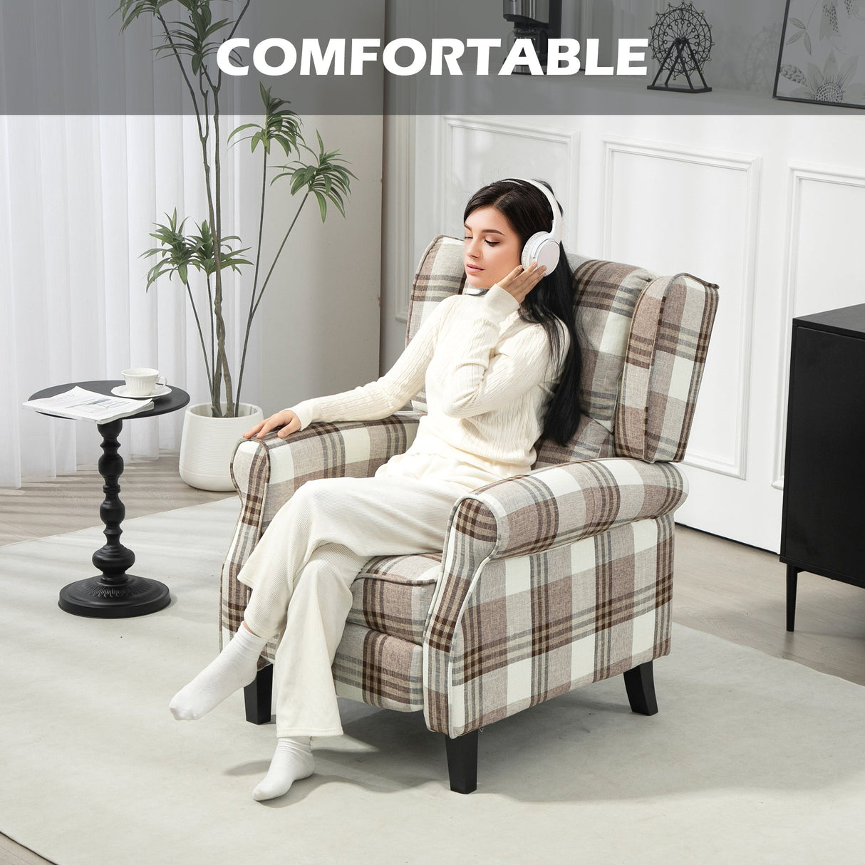 Wise Galleria Reclining Armchair in plaid design, perfect for comfortable relaxation with headphones on