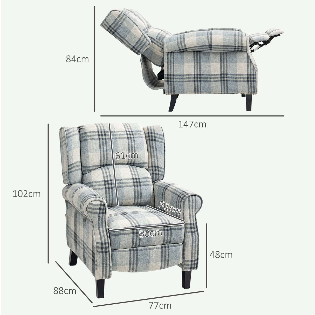 Wise Galleria Reclining Armchair in plaid fabric, providing comfort and support for relaxation
