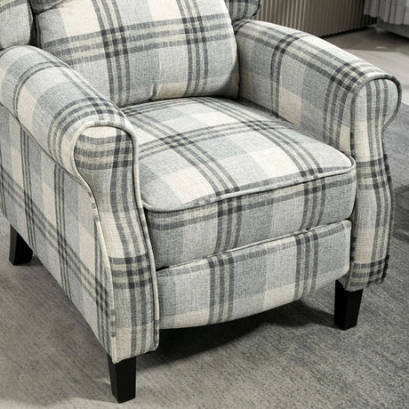 Comfortable grey and white checked reclining armchair with plush cushions for relaxation