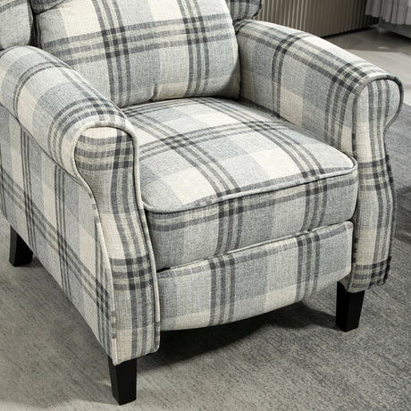 Comfortable grey and white checked reclining armchair with plush cushions for relaxation