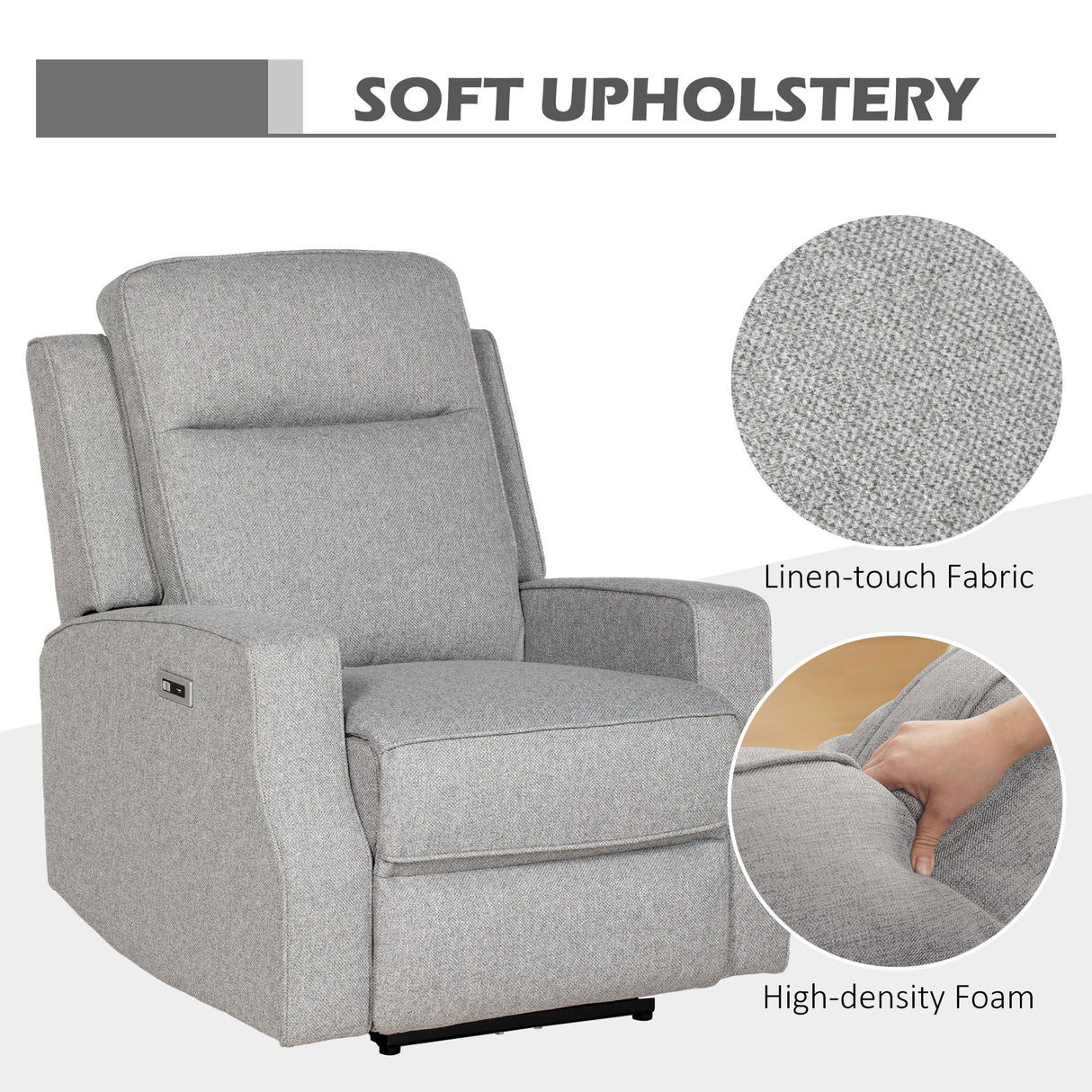 Grey Reclining Chair with soft linen-touch fabric and high-density foam cushioning for comfort