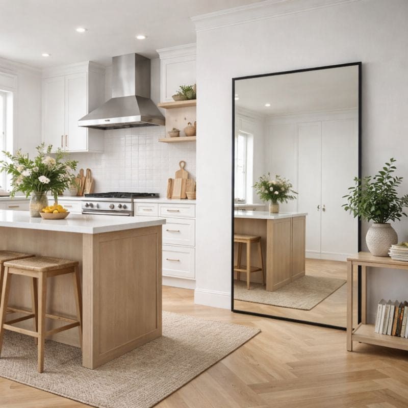Modern Rectangle Mirror with a Sleek Black Frame in a Bright Kitchen Setting