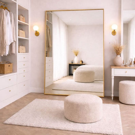 Stylish Rectangle Mirror with a Gold Frame in a Modern, Light-Filled Dressing Room