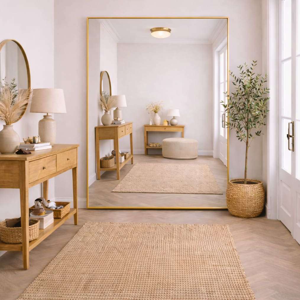 Large Rectangle Mirror with a Gold Frame, Ideal for Enhancing Living Spaces by Jobu Home