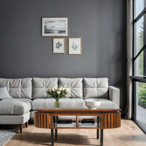 Elegant rectangular coffee table in front of a modern grey sofa and stylish wall art