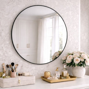 Jobu Home Circle Mirror with a sleek black frame, perfect for modern home interiors