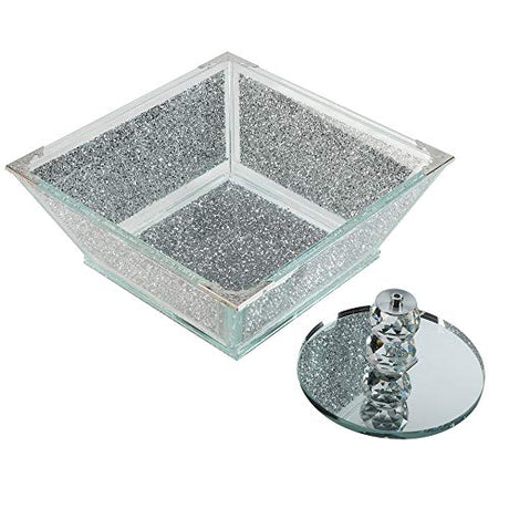 Elegant square glass Fruit Bowl with a mirrored base and decorative lid, perfect for home decor