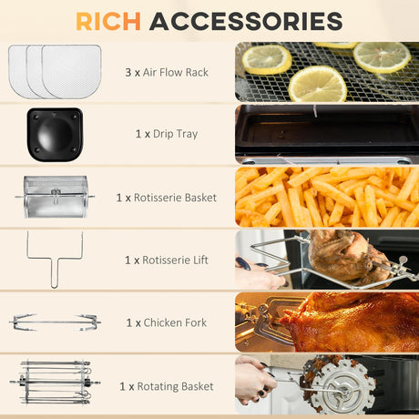 Air Fryer accessories including trays, rotisserie basket and lifter for versatile cooking options