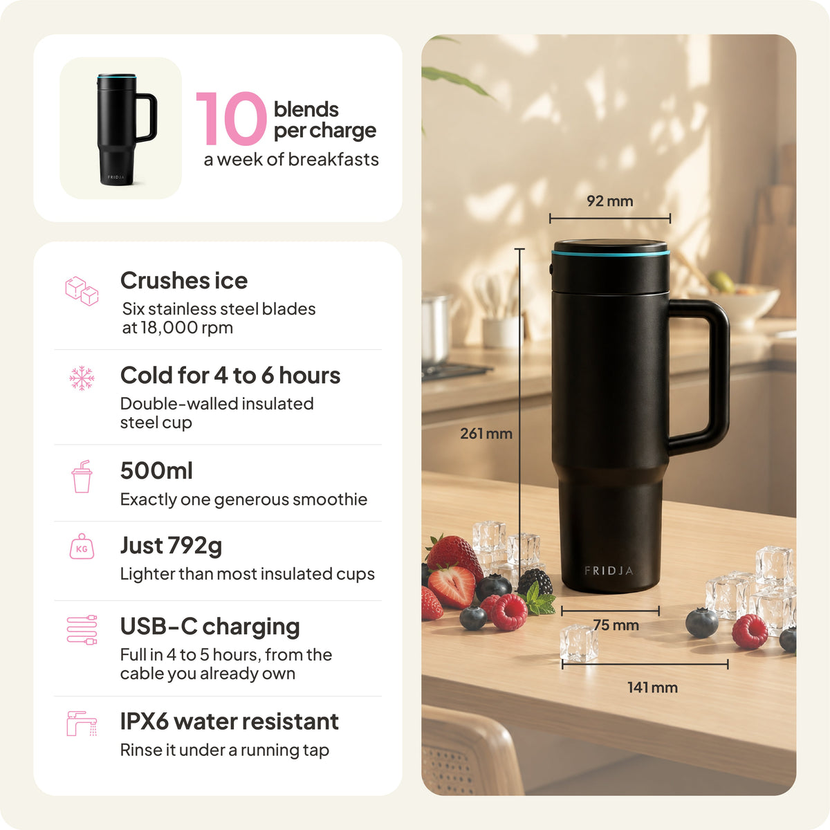 Fridja Portable Blender with stainless steel blades, 500ml capacity, and USB-C charging for smoothies on-the-go