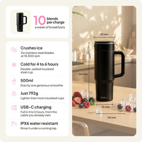 Fridja Portable Blender with stainless steel blades, 500ml capacity, and USB-C charging for smoothies on-the-go