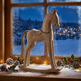 Wooden Rocking Horse Decoration for Christmas Room with Snowy Window View