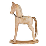 Handcrafted wooden rocking horse Christmas room decoration in neutral tones for festive charm