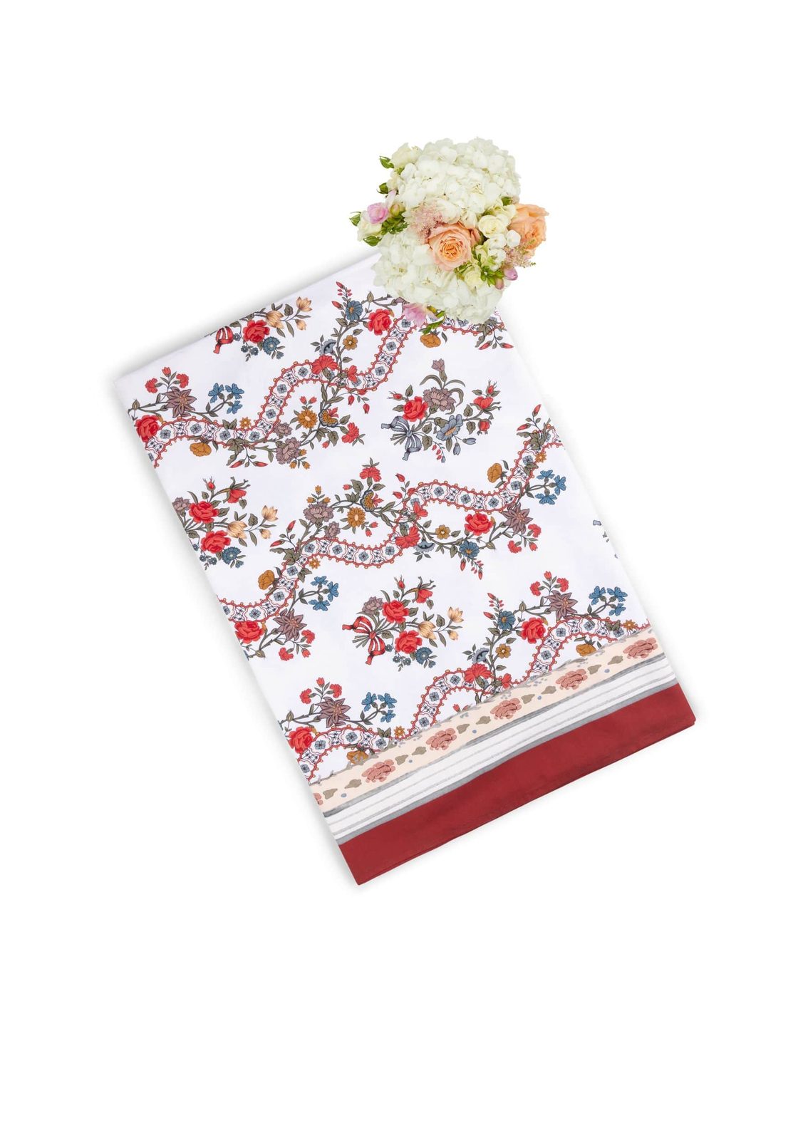 Casa by Josephine Jenno Cotton Tablecloth with Floral Design in White and Burgundy Trim