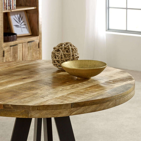 Verty Furniture Round Dining Table with Natural Wood Finish and Stylish Decorative Bowl