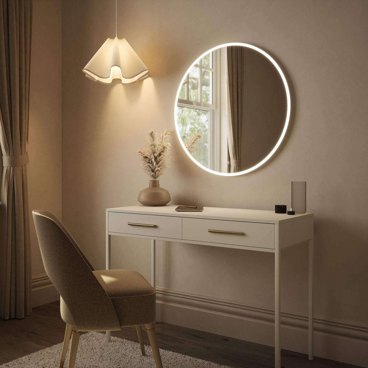 Stylish round mirror with LED lighting in a modern room setting featuring a chic console table