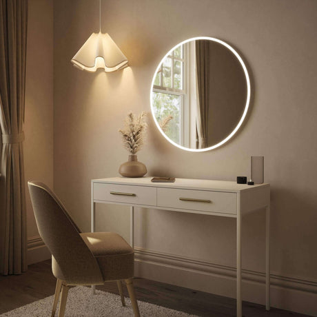 Stylish round mirror with LED lighting in a modern room setting featuring a chic console table