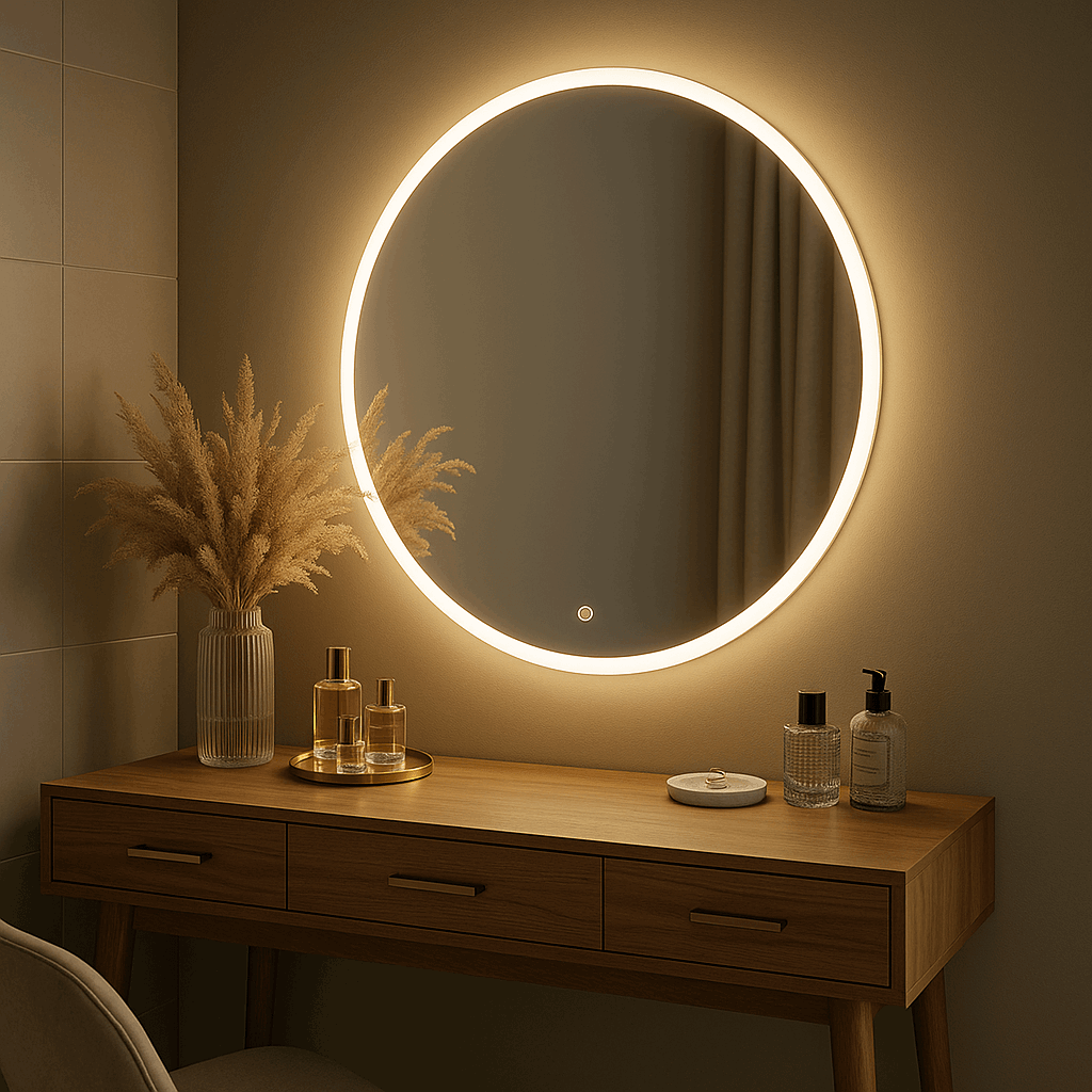 Elegant round mirror with LED lighting above a wooden vanity, perfect for modern interiors
