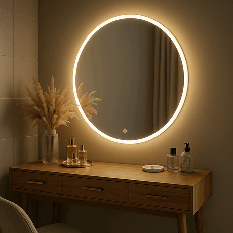 Elegant round mirror with LED lighting above a wooden vanity, perfect for modern interiors
