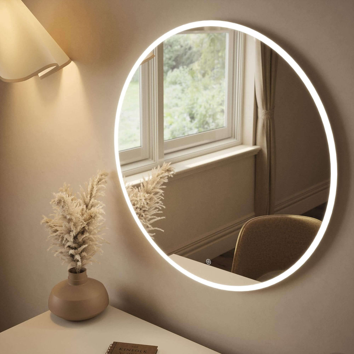 Elegant Round Mirror with LED backlighting, perfect for modern home decor and vanity setups