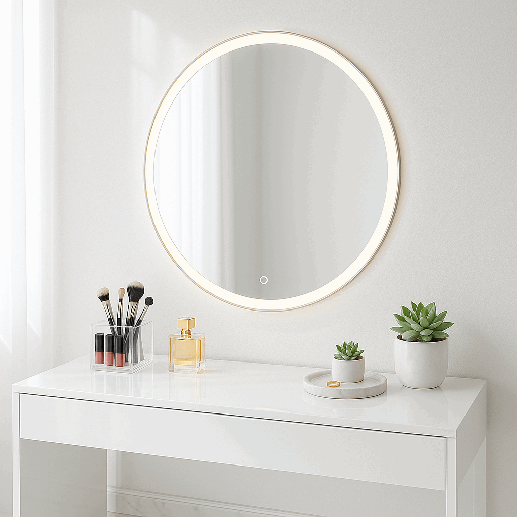 Stylish Round Mirror with LED Lights, perfect for makeup and beauty routines on a modern vanity