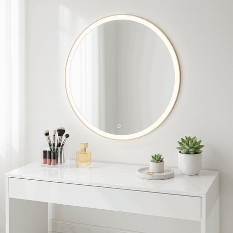 Stylish Round Mirror with LED Lights, perfect for makeup and beauty routines on a modern vanity