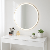 Stylish Round Mirror with LED Lights, perfect for makeup and beauty routines on a modern vanity
