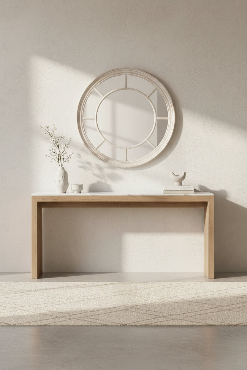 Stylish round mirror above a wooden console table in a minimalist interior setting