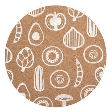 Orsina Round Placemats featuring a natural cork design with fruit and vegetable illustrations