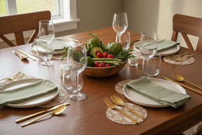 Elegant dining setup featuring Round Placemats with gold cutlery and a fresh fruit bowl