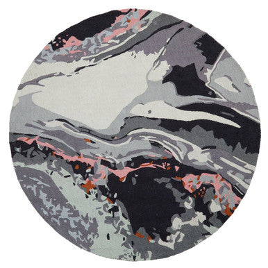 Orsina Round Rug in abstract grey and pink design, perfect for modern interiors