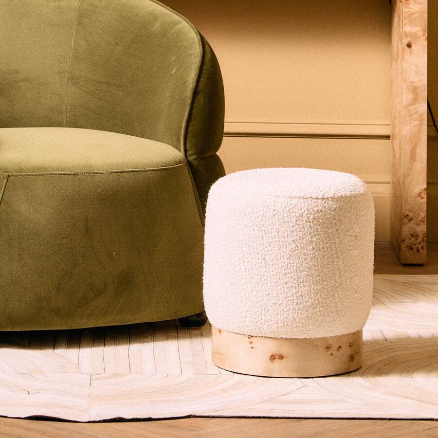 Mota Burl Wood And Cream Boucle Round Stool Orsina