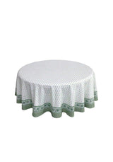 Casa by Josephine Jenno Round Tablecloth in White with Green Decorative Border for Elegant Dining