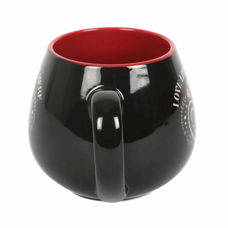 Black Rounded Mug with Red Interior and Heart Design for a Unique Coffee Experience