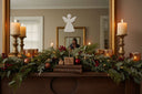 Rustic Angel decoration on a festive mantel, adorned with candles and holiday greenery