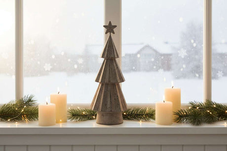 Rustic Bough Tree decoration on a windowsill with candles and snowy landscape background