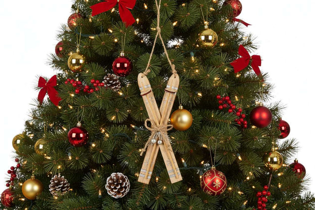 Rustic Crossed Skis Christmas bauble decoration hanging on a festive tree with red and gold ornaments