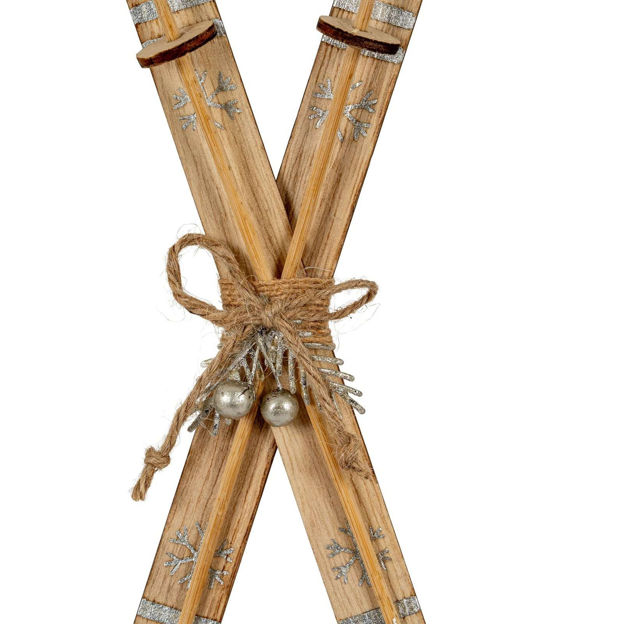 Rustic Crossed Skis Christmas Bauble with Snowflake Detail and Natural Twine Decoration