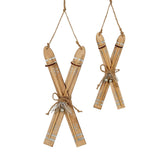 Rustic Crossed Skis Christmas Baubles by Shades 4 Seasons with natural wood finish and rope hangers