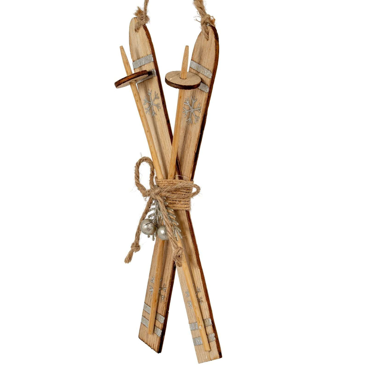 Rustic Crossed Skis Christmas Bauble with Natural Wood Finish and Decorative Snowflakes