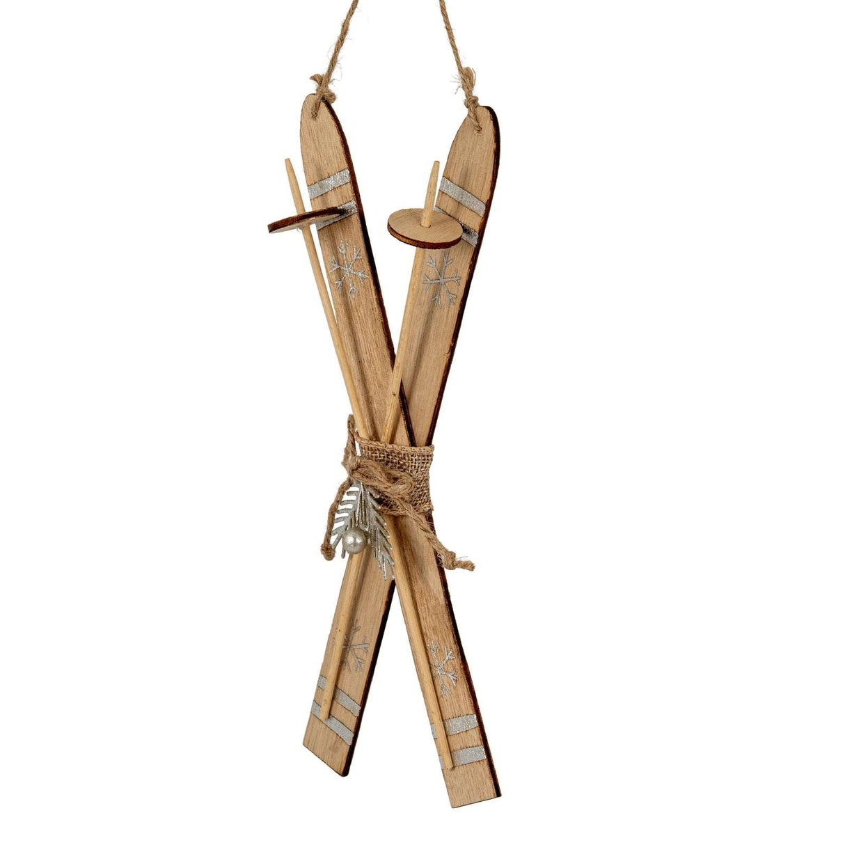 Rustic Crossed Skis Christmas Bauble with Natural Wood Finish and Decorative Snowflakes