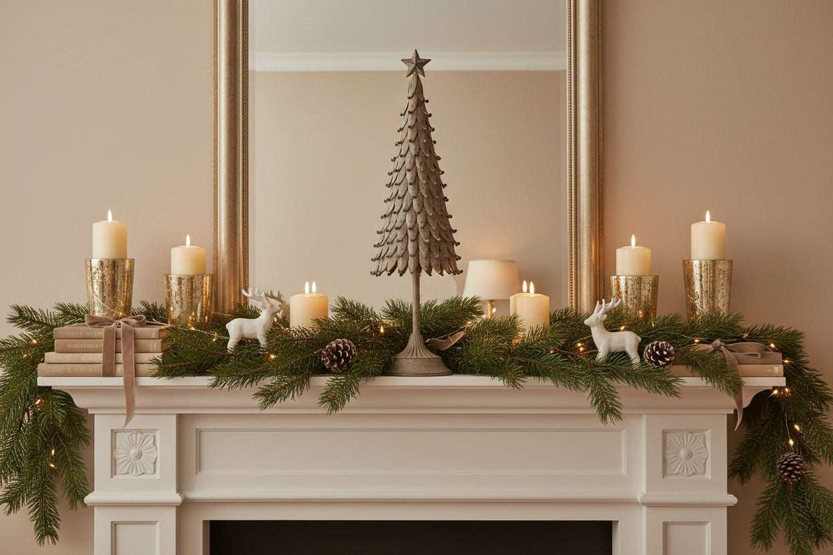Rustic Decorative Tree on a festive mantel with candles and pine garland for Christmas room decorations