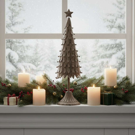 Rustic Decorative Tree displayed on a windowsill surrounded by candles and festive greenery