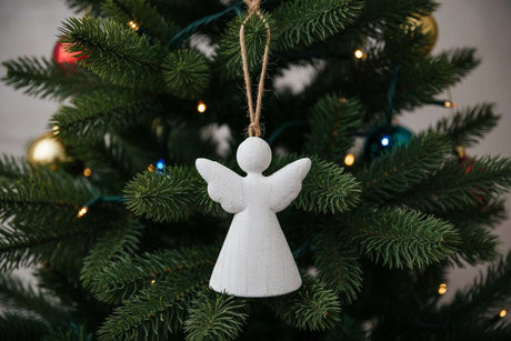 Rustic Hanging Angel Christmas Bauble in White with Natural Twine for Festive Tree Decor