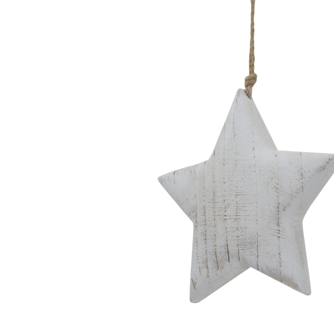 Rustic Hanging Star Decoration in White Wood Finish for Christmas Tree Ornamentation