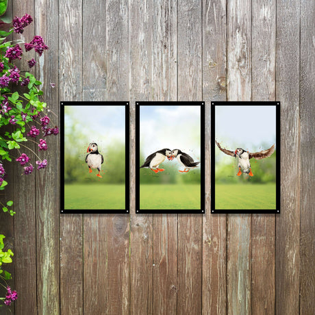 SunCatcher-UK Mirror Set featuring three elegant garden mirrors with vibrant puffin designs