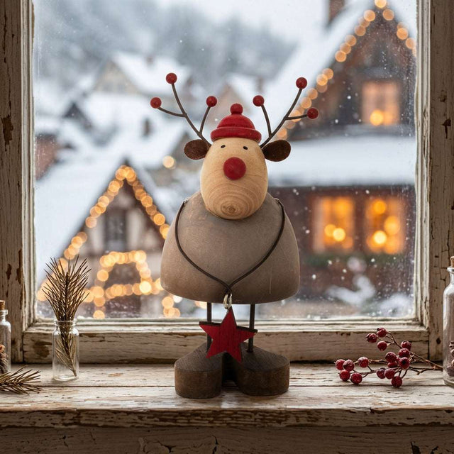 Charming Rustic Reindeer Figurine with a Red Hat and Star Decoration, Set Against a Wintery Background