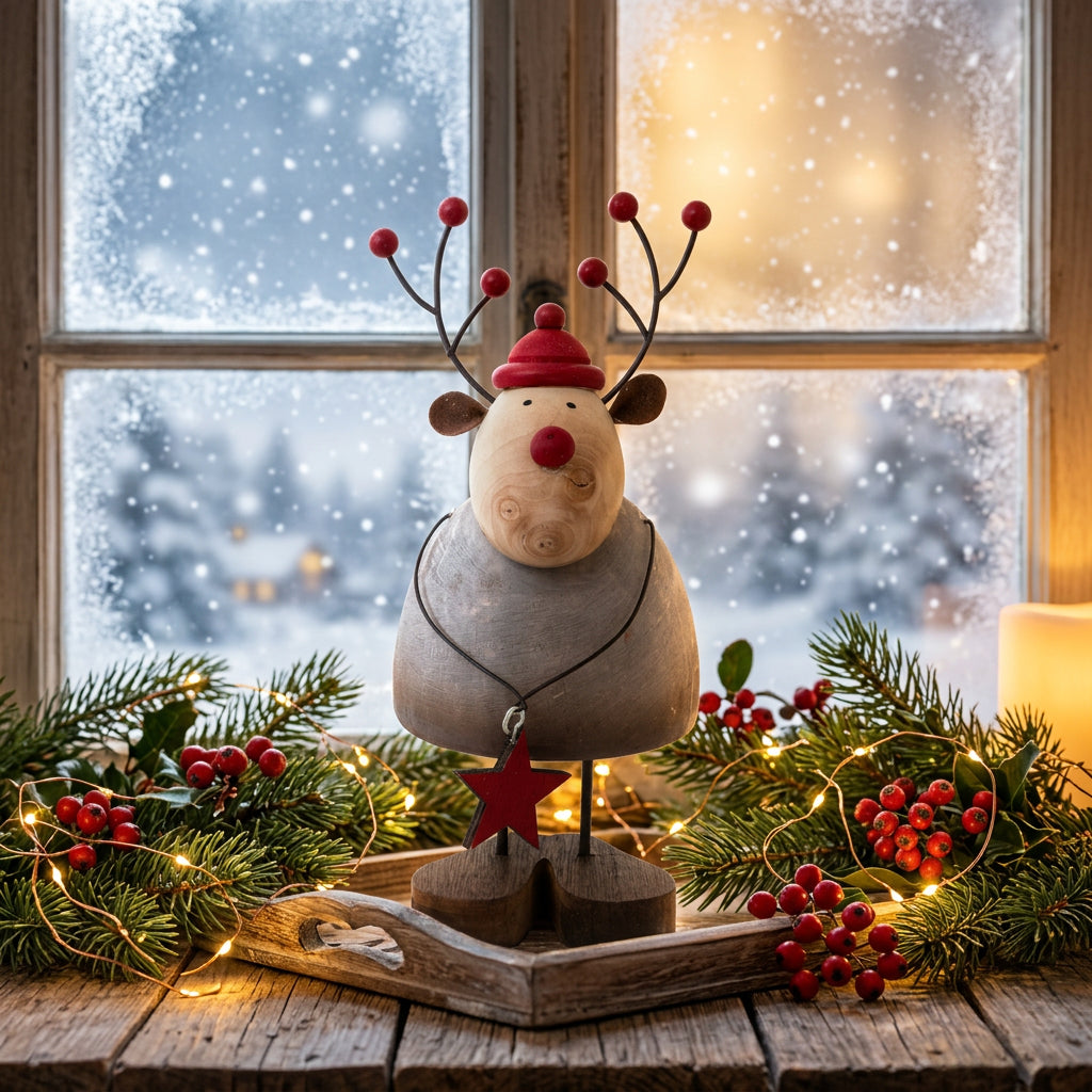 Rustic Reindeer Table Decoration with Antlers and Red Nose for Christmas Room Decor