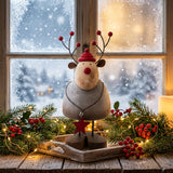 Rustic Reindeer Table Decoration with Antlers and Red Nose for Christmas Room Decor