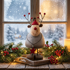 Rustic Reindeer Table Decoration with Antlers and Red Nose for Christmas Room Decor